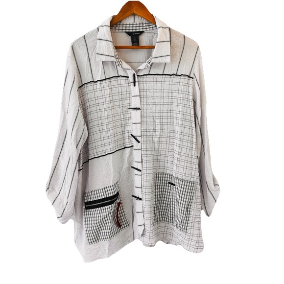 Art to Wear Tops - Ali Miles Abstract Graphic Tunic Top 2X Lagenlook Art to Wear Roll Tab Sleeve